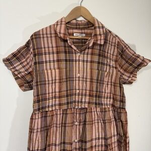Free Assembly Dress Sz Large Plaid Short Sleeve 100%‎ Recycled Polyester Collar